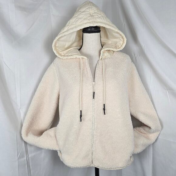 JoyLab Cream Sherpa Zip Up Hoodie Women’s Medium Quilted Hood Cozy Fleece Jacket - Picture 2 of 9